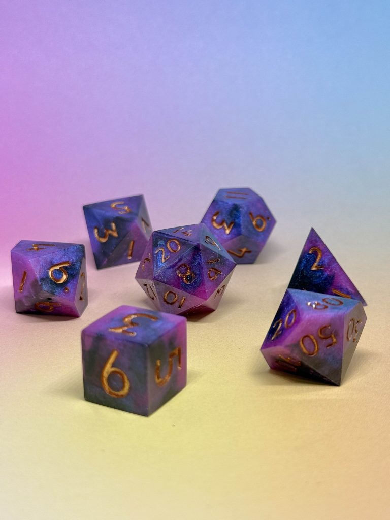 Blue and Purple TTRPG Dice with Gold Numbers