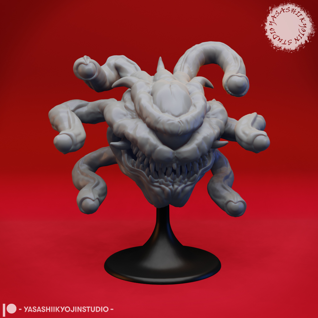 Menacing Beholder Miniature with eyestalks raised and central eye staring forward.