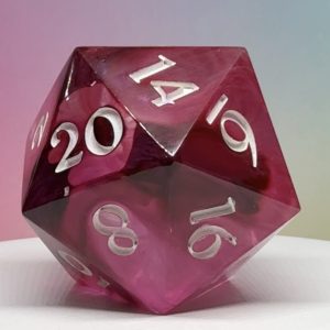 Rose Quartz Titan Chonk D20 with swirling rose hues and white numbering, displayed on a white base against a pink background.