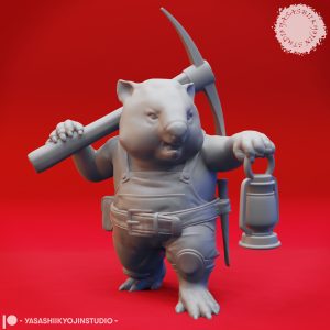 Wombat-Folk Miniature holding a pickaxe and lantern, ready to defend its burrow