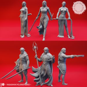 A grayscale resin miniature of a drow elf warrior with long hair, dual curved swords, and layered elven armour