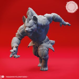 Five resin Gnoll miniatures—Whipper, Smasher, Thrower, Archer, and Boss—armed with weapons and posed in dynamic battle stances, sculpted by Yasashii Kyojin Studio and displayed against a red background