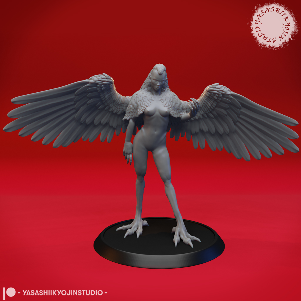 Harpy miniature with outstretched wings and taloned feet, standing on a round base, sculpted by Yasashii Kyojin Studio.