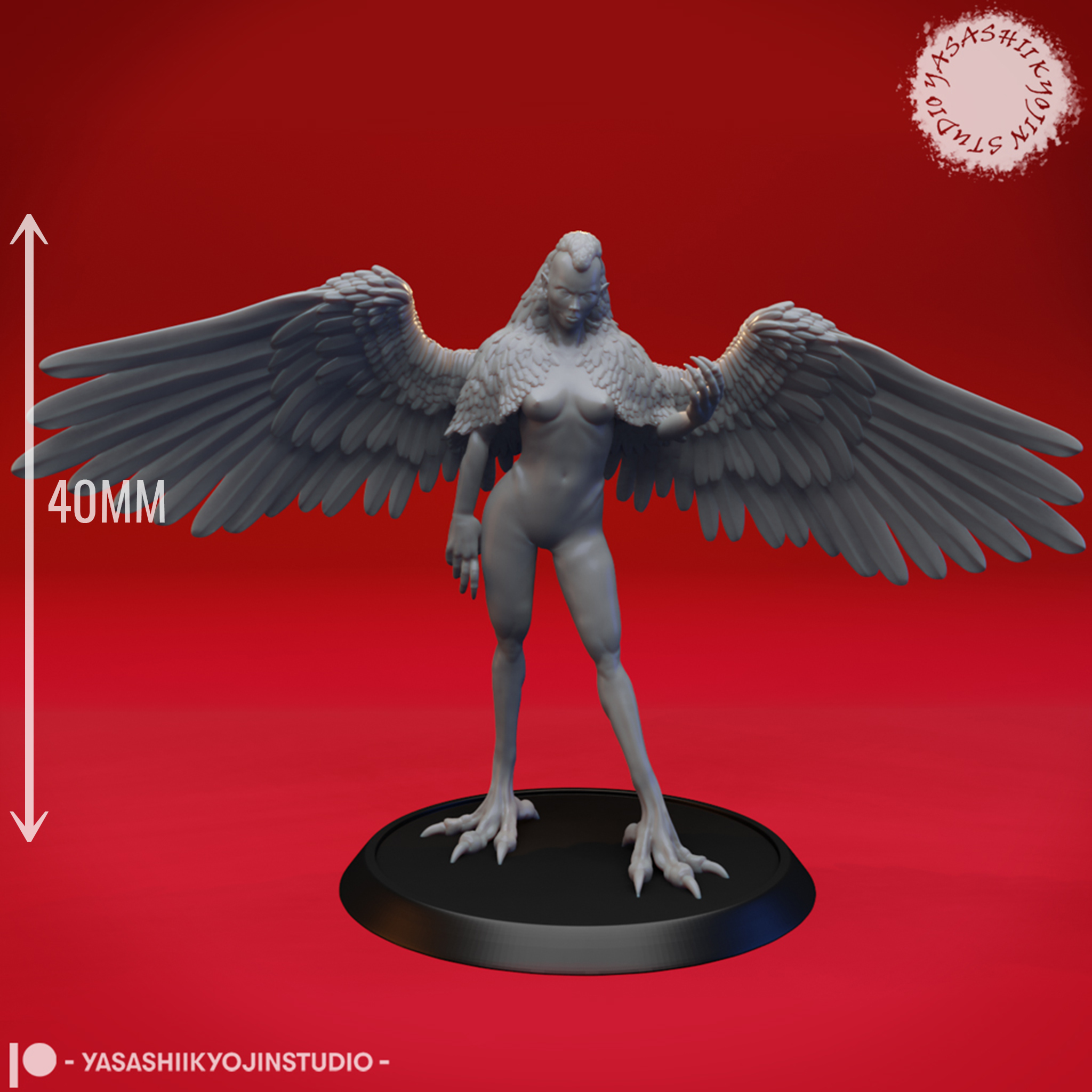 Harpy miniature with outstretched wings and taloned feet, standing on a round base, sculpted by Yasashii Kyojin Studio.