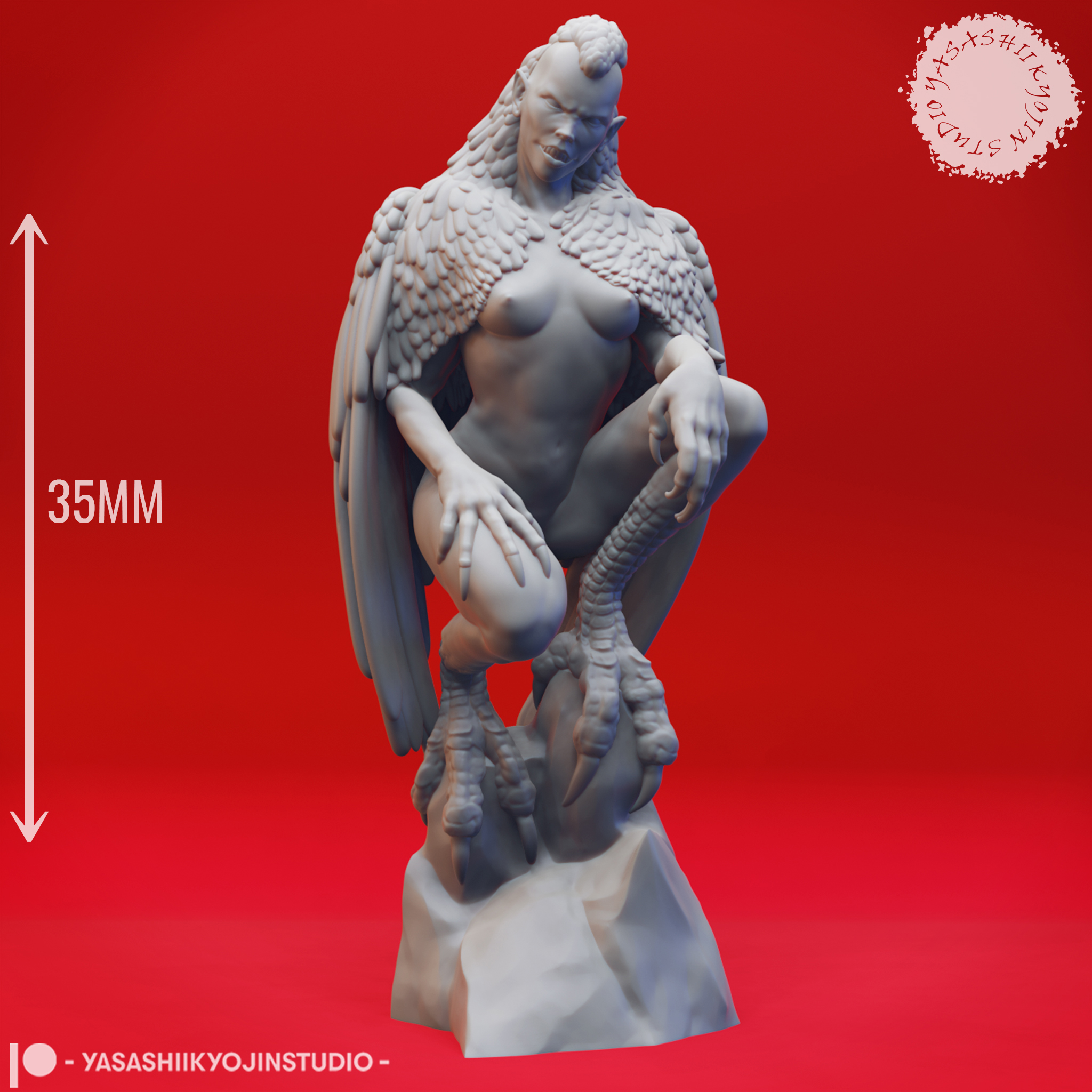 Harpy miniature with outstretched wings and taloned feet, standing on a round base, sculpted by Yasashii Kyojin Studio.