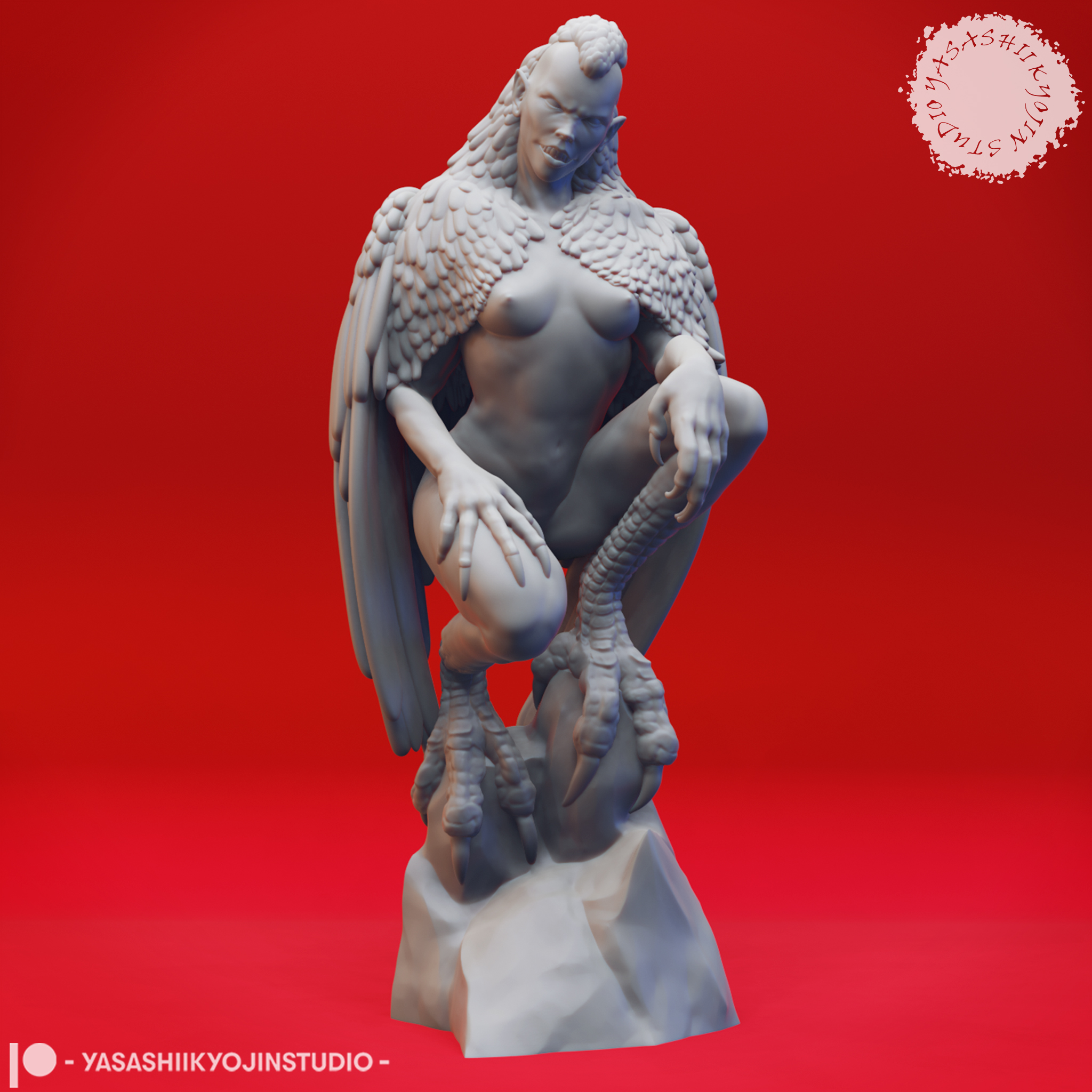 Harpy miniature with outstretched wings and taloned feet, standing on a round base, sculpted by Yasashii Kyojin Studio.