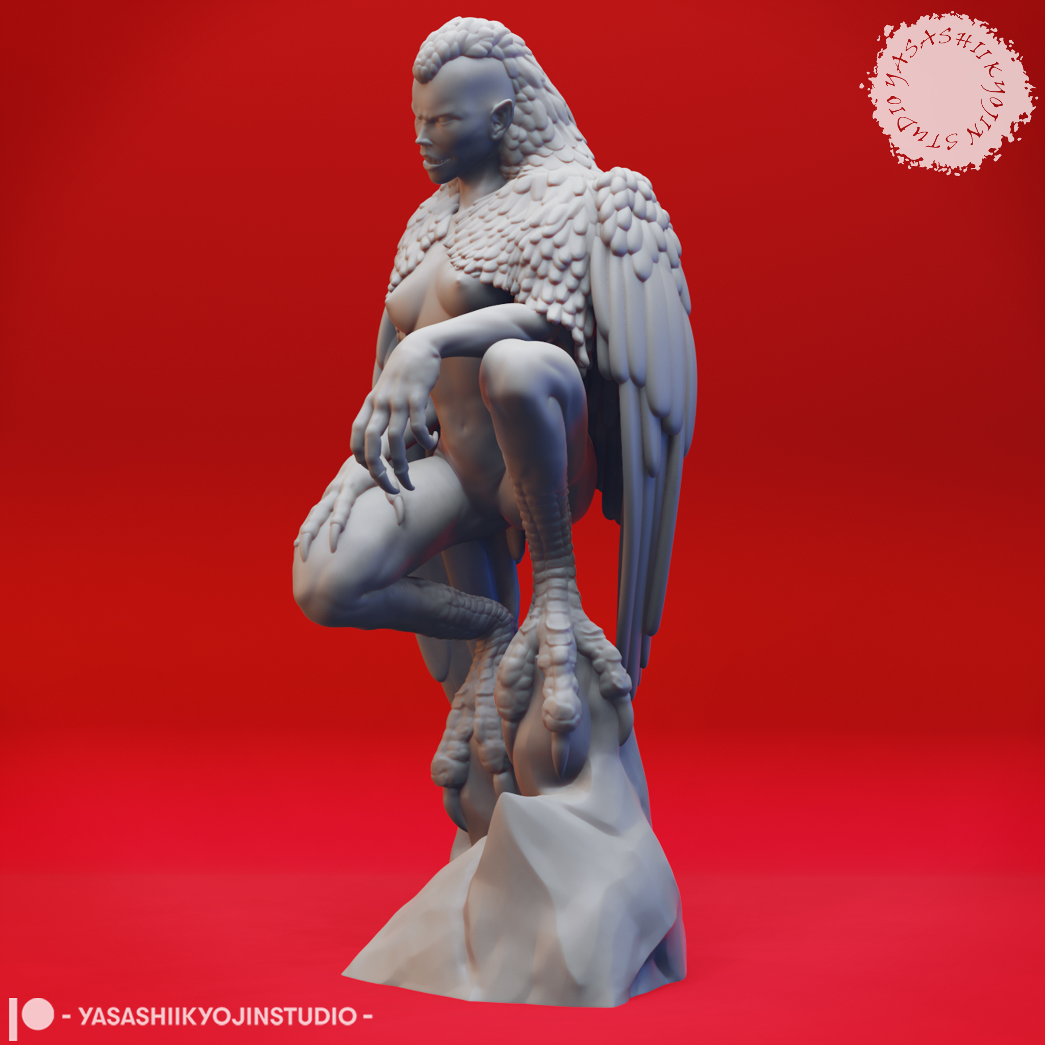 Harpy miniature with outstretched wings and taloned feet, standing on a round base, sculpted by Yasashii Kyojin Studio.