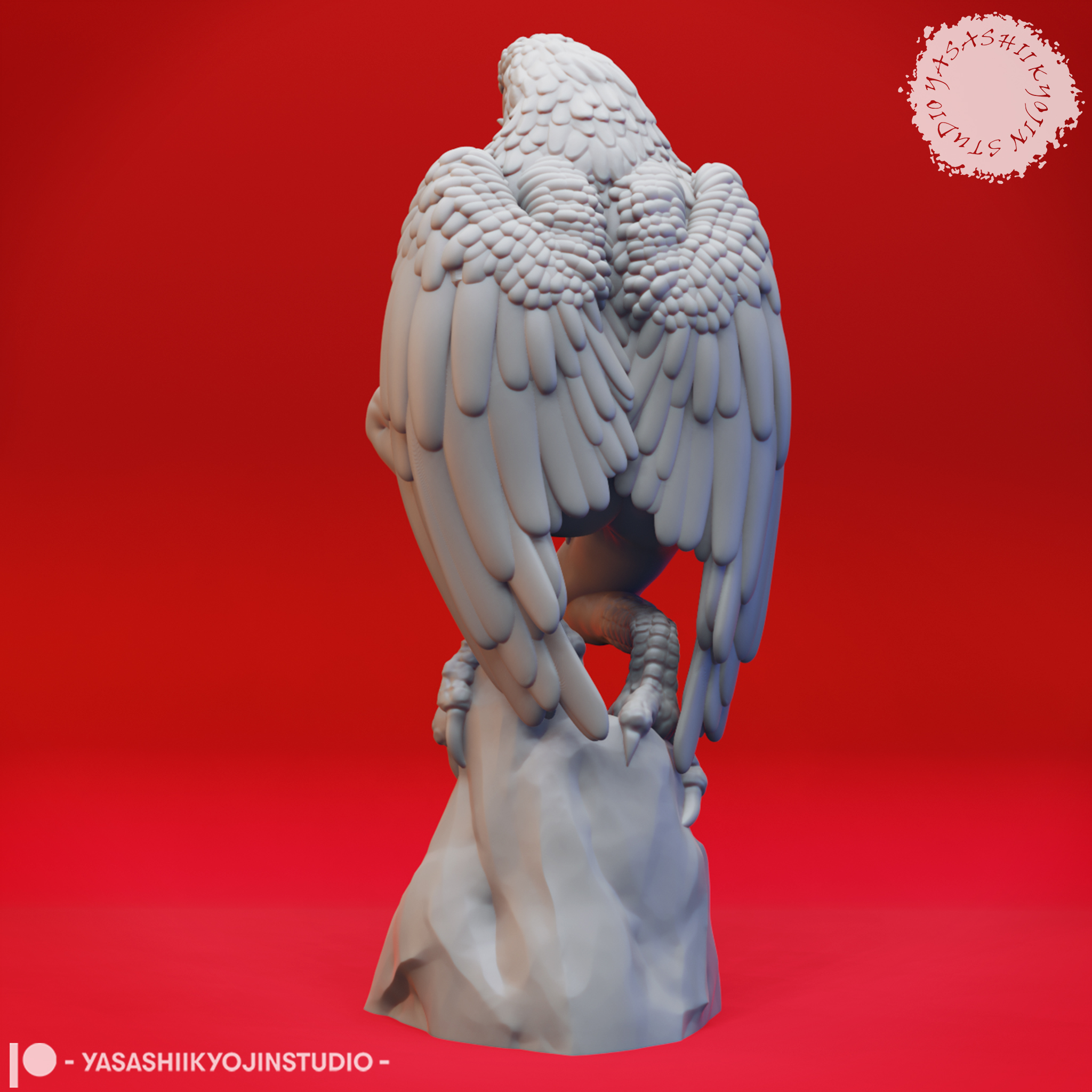 Harpy miniature with outstretched wings and taloned feet, standing on a round base, sculpted by Yasashii Kyojin Studio.