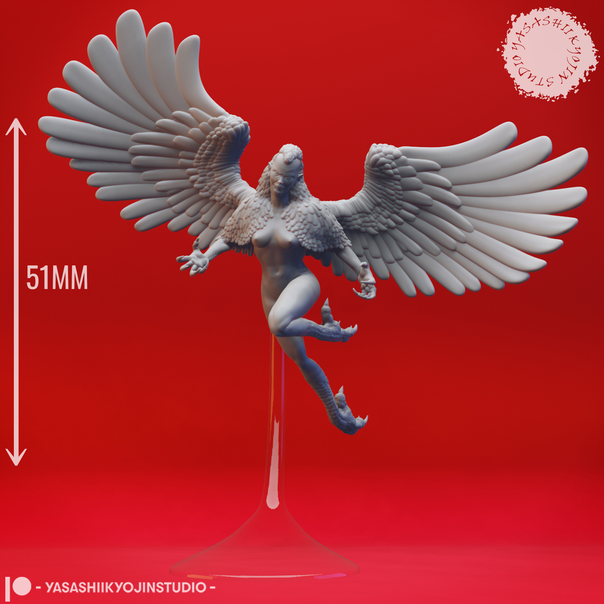 Harpy miniature with outstretched wings and taloned feet, standing on a round base, sculpted by Yasashii Kyojin Studio.
