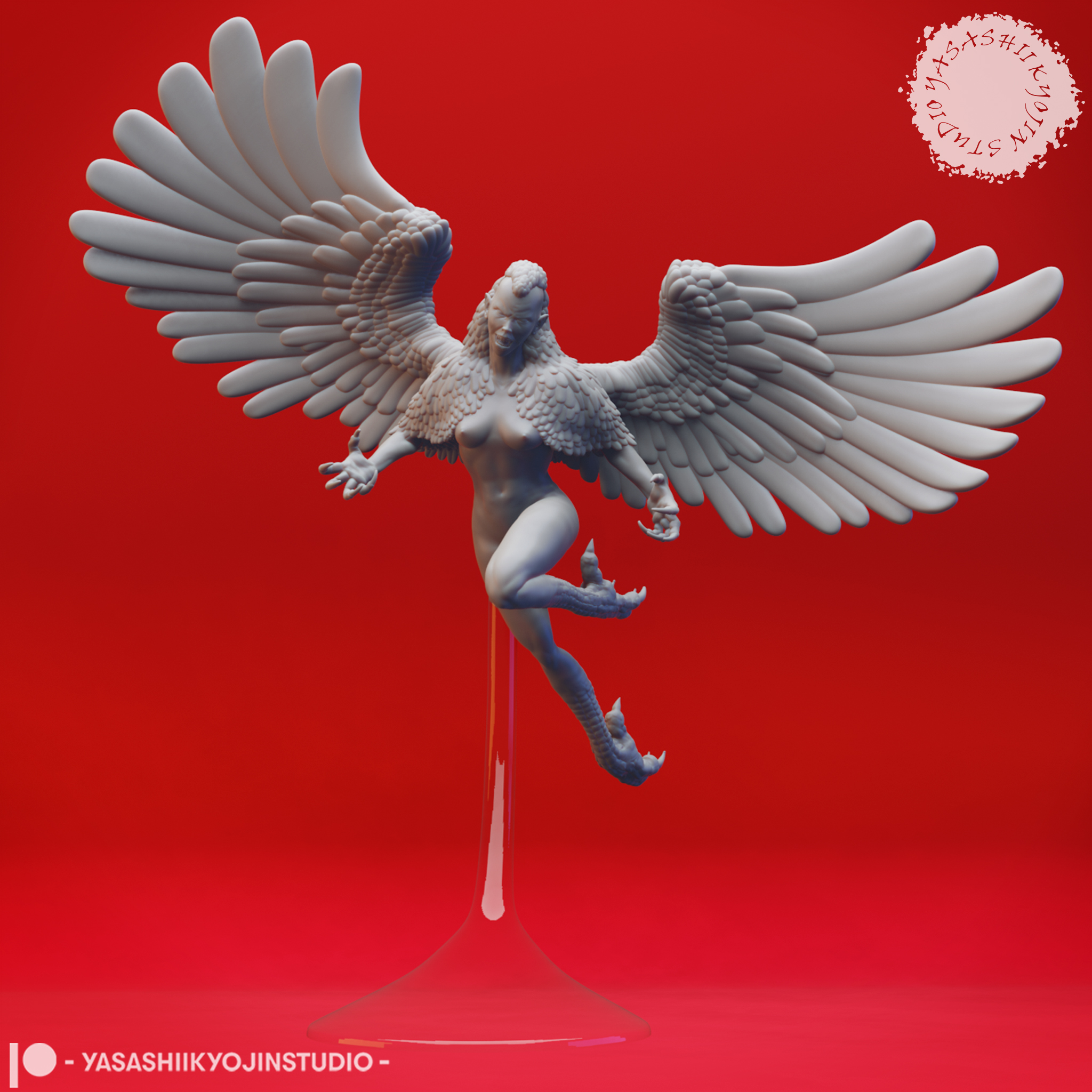 Harpy miniature with outstretched wings and taloned feet, standing on a round base, sculpted by Yasashii Kyojin Studio.