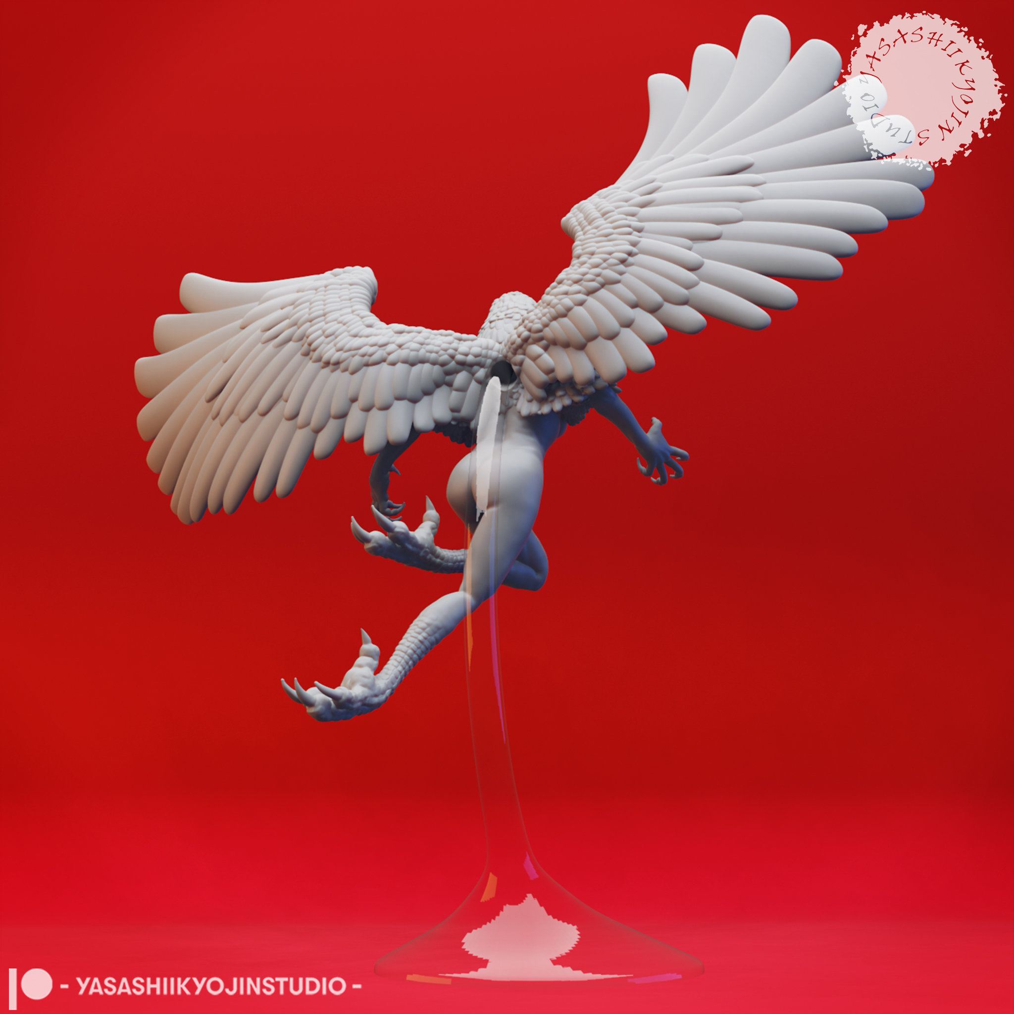 Harpy miniature with outstretched wings and taloned feet, standing on a round base, sculpted by Yasashii Kyojin Studio.