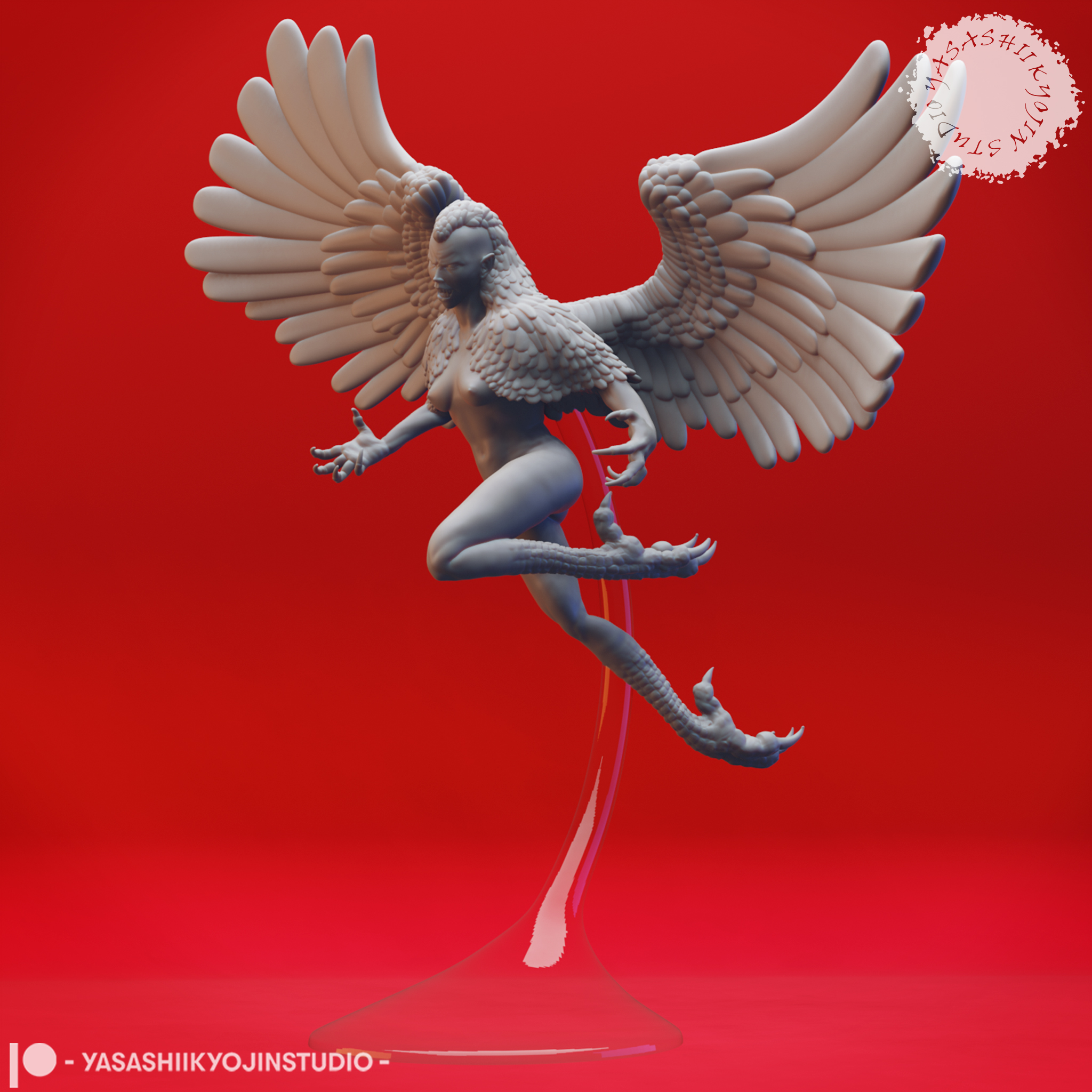 Harpy miniature with outstretched wings and taloned feet, standing on a round base, sculpted by Yasashii Kyojin Studio.