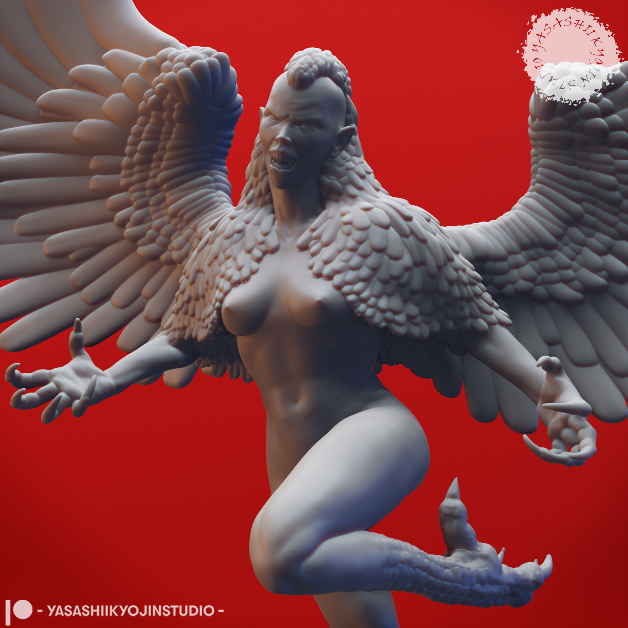 Harpy miniature with outstretched wings and taloned feet, standing on a round base, sculpted by Yasashii Kyojin Studio.