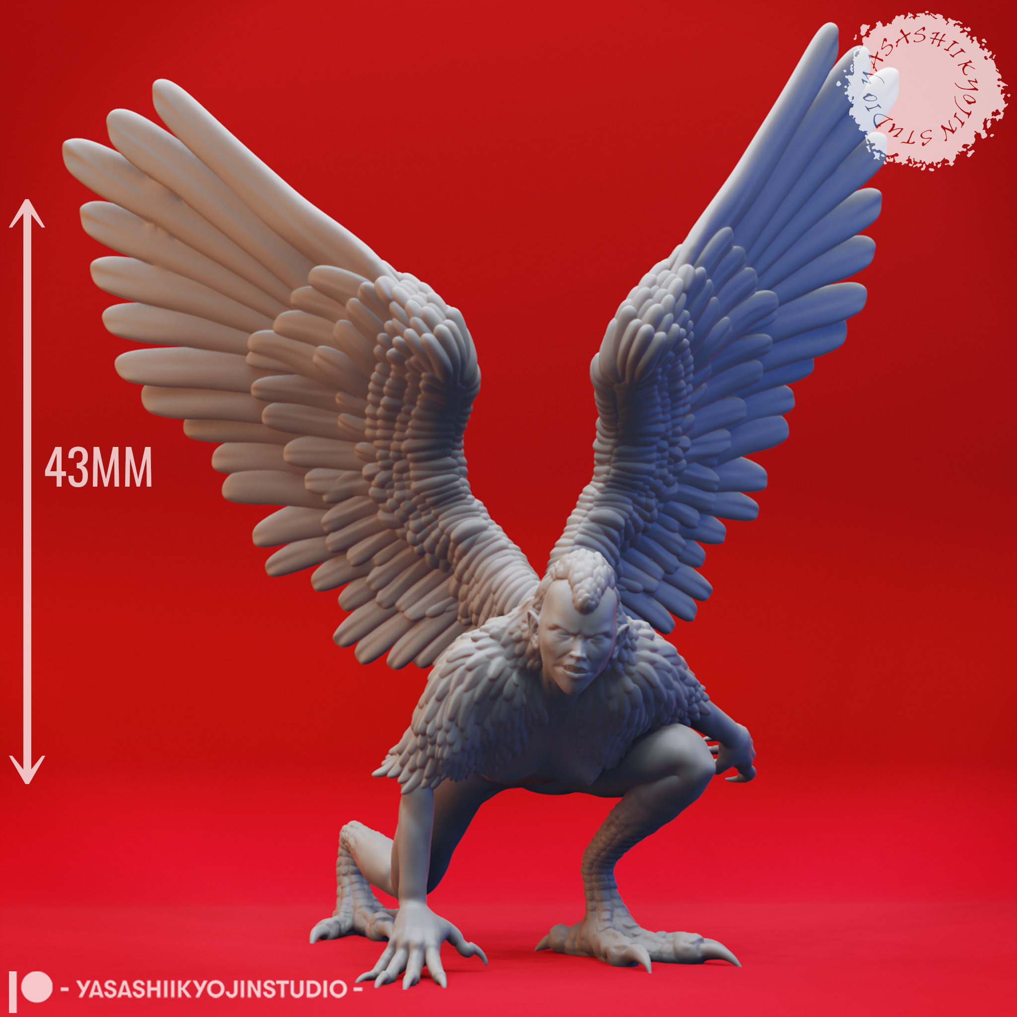 Harpy miniature with outstretched wings and taloned feet, standing on a round base, sculpted by Yasashii Kyojin Studio.