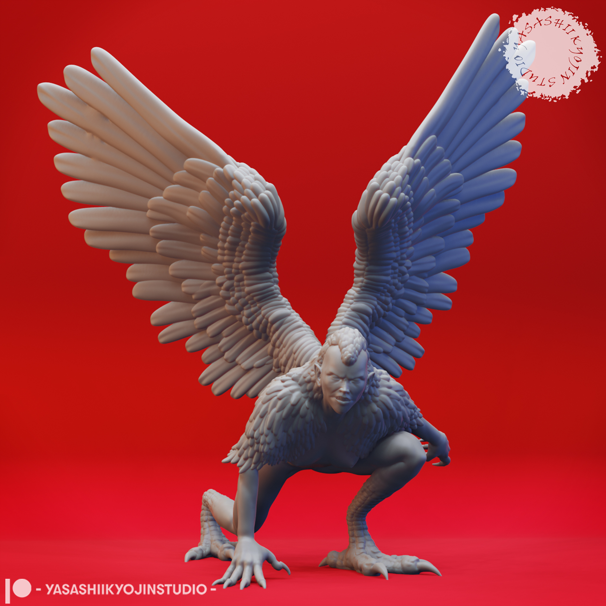 Harpy miniature with outstretched wings and taloned feet, standing on a round base, sculpted by Yasashii Kyojin Studio.
