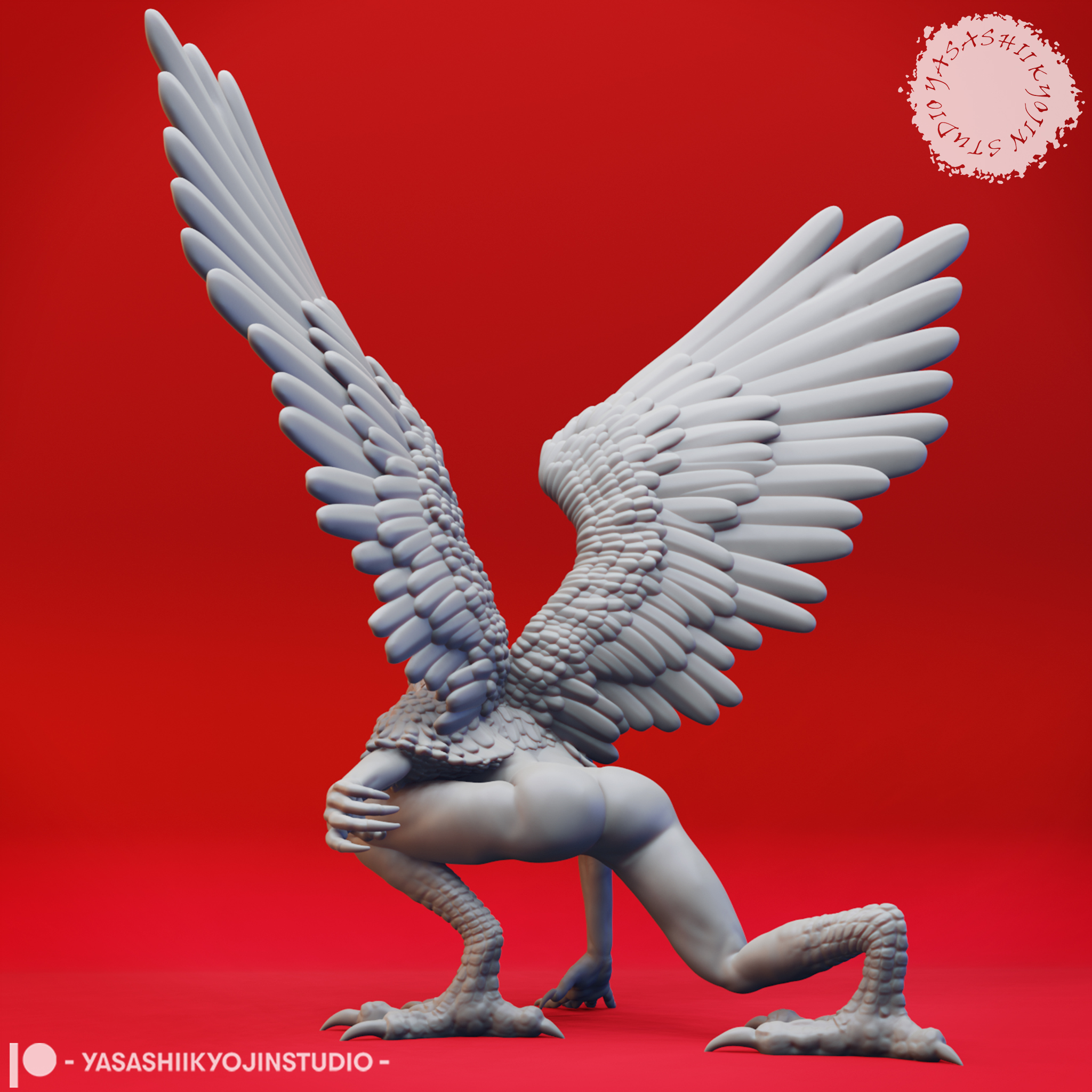 Harpy miniature with outstretched wings and taloned feet, standing on a round base, sculpted by Yasashii Kyojin Studio.