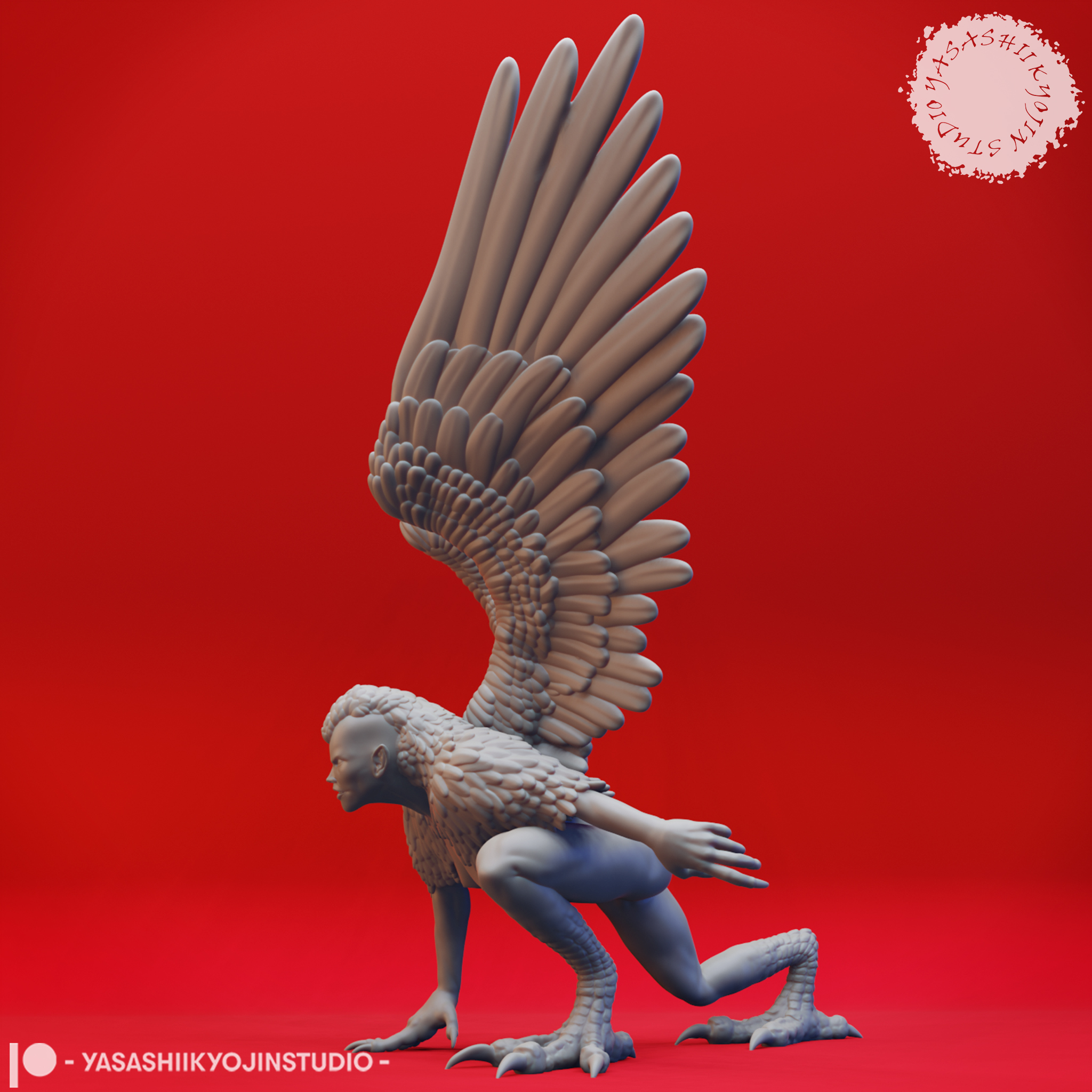 Harpy miniature with outstretched wings and taloned feet, standing on a round base, sculpted by Yasashii Kyojin Studio.