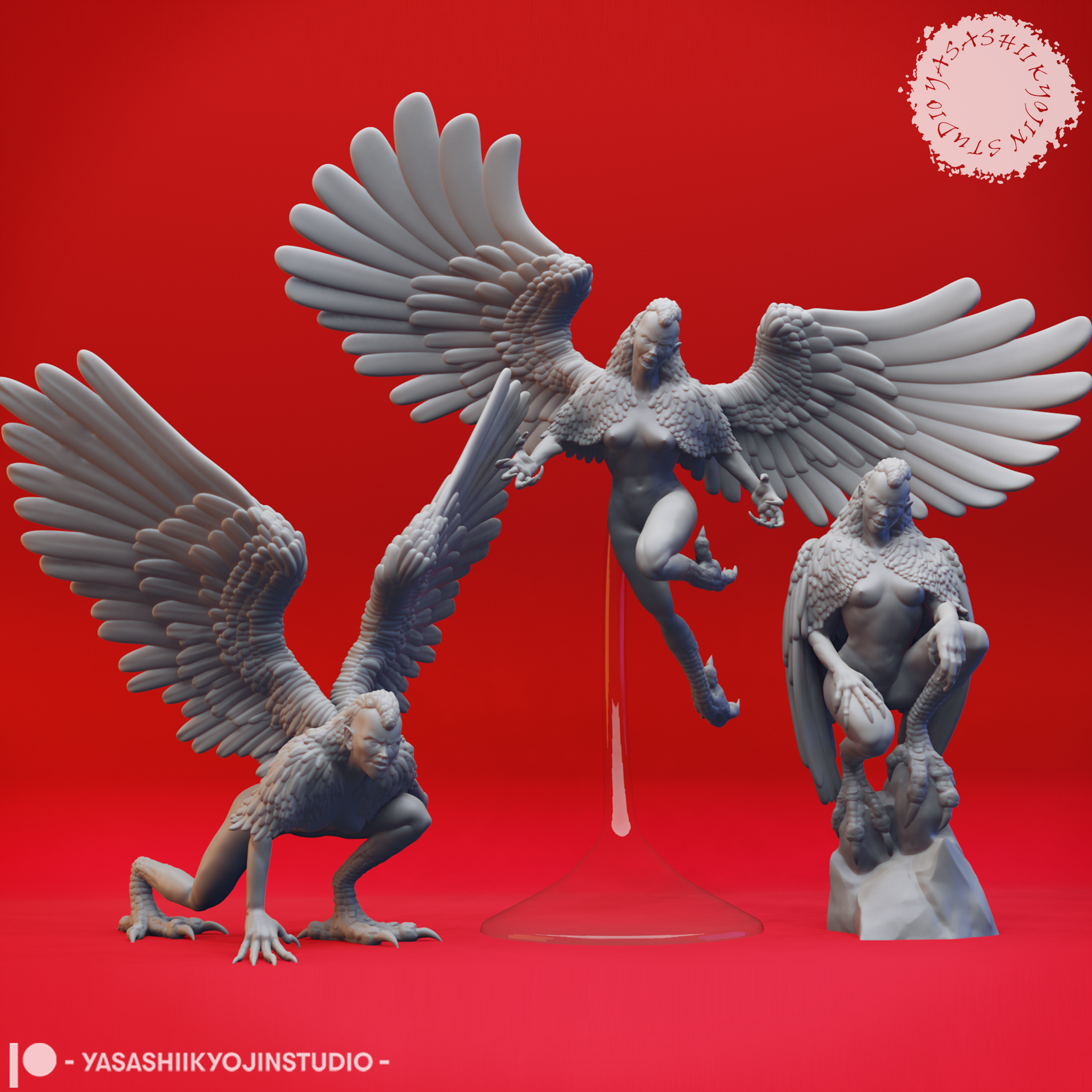 Harpy miniature with outstretched wings and taloned feet, standing on a round base, sculpted by Yasashii Kyojin Studio.
