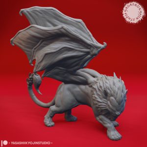Manticore resin miniature with lion body, large wings, and spiked tail in Wings Out and Wings Folded poses designed by Yasashii Kyojin Studio.