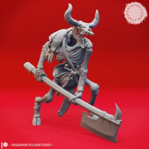 Minotaur skeleton miniature with greataxe by Yasashii Kyojin Studio for tabletop RPG undead encounters