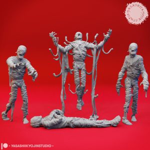 Mummy undead miniatures with multiple poses by Yasashii Kyojin Studio for tabletop RPG tomb encounters