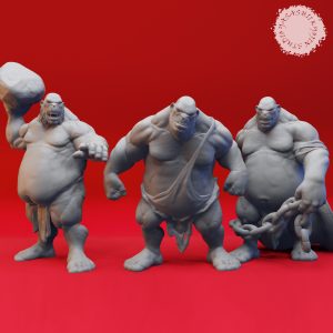 Ogre Warband Miniature Set A 3D-rendered resin miniature set featuring three brutish ogres posed for battle—one wielding a rock, another with fists clenched, and the third dragging heavy chains.