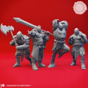 Orc Warlord Miniature – Savage Strength in Resin by Yasashii Kyojin Studio. A grayscale resin orc miniature wielding a massive double-headed axe, sculpted with muscular detail and spiked shoulder armour