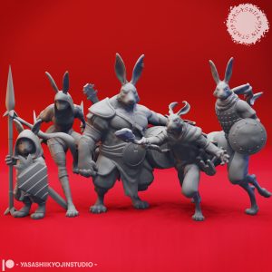 Rabbitfolk adventurer miniature set with five poses designed by Yasashii Kyojin Studio