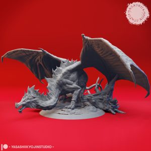 "A detailed miniature of an adult green dragon with sprawling wings and a fierce expression, sculpted by Yasashii Kyojin Studio."