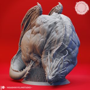 "3D-rendered sleeping dragon miniature curled on a treasure hoard with detailed wings and scales, sculpted by Yasashii Kyojin Studio."