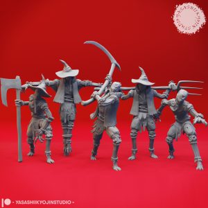 "3D-rendered scarecrow miniature with witch hat and tattered clothes, arms outstretched on a stake, sculpted by Yasashii Kyojin Studio."