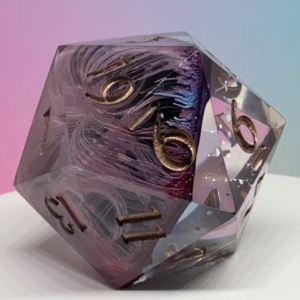 A handcrafted eldritch dice named Voidbloom—featuring purple resin with white swirling tendrils and gold inked numbers, glowing under soft light.