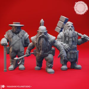 Dwarf Rockseeker Miniature Set. Three high-detail resin dwarf miniatures, each posed with weapons and signature beards, sculpted by Yasashii Kyojin Studio.