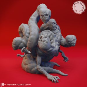 Grayscale 3D-printed miniature of a False Hydra creature featuring a twisted, serpentine body and multiple humanoid heads with haunting expressions, posed against a red background.