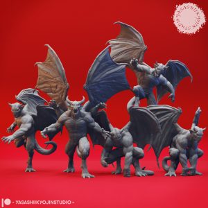 Five dynamic resin miniatures from the Gargoyle Miniature Set by Yasashii Kyojin Studio, featuring 32mm scale gothic stone guardians with outstretched wings and fierce poses.