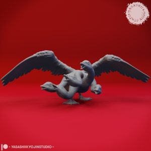 Goose Hydra Miniature by Yasashii Kyojin Studio – six-headed goose monster with wings spread wide