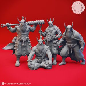 A group of four oni miniatures in dynamic poses, sculpted in high-detail resin. Each figure is muscular, horned, and dressed in traditional Japanese-inspired garments, holding oversized weapons and exuding mythic menace.