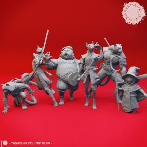 A group of six detailed resin Tabaxi miniatures in dynamic poses, including a bard, rogue, wizard, monk, ranger, and fighter, all posed against a red background.