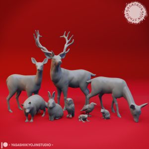 “Enchanted Fantasy Animals Resin Miniature set featuring unicorn, stag, deer, rabbit, owl, crow, raccoon, and more by Yasashii Kyojin Studio.”