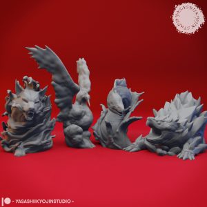 Four resin elemental miniatures—Air, Earth, Fire, and Water—sculpted by Yasashii Kyojin Studio, displayed against a red background in a group lineup
