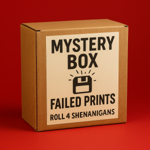 “Failed Prints Mystery Box filled with resin misprints and kitbash parts by Roll 4 Shenanigans.”