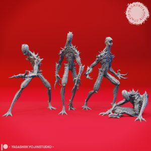 “Sinister Needle Blight Resin Miniature set with four poses sculpted by Yasashii Kyojin Studio.”