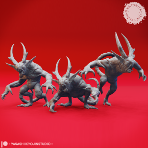 “Quasit Fiendling of the Abyss resin miniature in three dynamic poses — Awaiting, Attacking, and Crouching — sculpted by Yasashiikyojin Studio against a red background.”