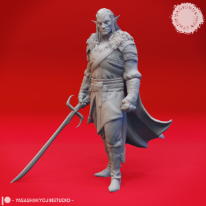 “Epic Rahadin Resin Miniature 32mm 54mm — elven warrior holding a curved sword with flowing cloak by Yasashii kyojin Studio.”