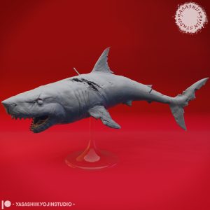 Undead Great Wight Shark resin miniature with torn flesh, exposed wounds, and jagged teeth posed on a clear stand, sculpted by Yasashii Kyojin Studio and displayed against a red background