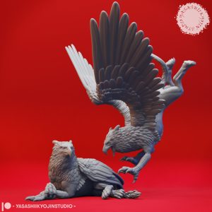 Two resin Griffin miniatures—one in a dynamic flying pose with wings spread wide and another in a regal laying pose—sculpted by Yasashii Kyojin Studio and displayed against a red background
