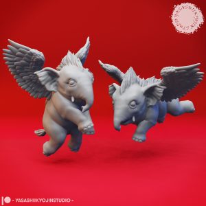 Unpainted hollyphant resin miniature in Flying and Floating poses with detailed feathered wings, celestial mohawk crest, and small tusks, designed by Yasashii Kyojin Studio.