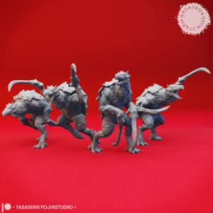 Unpainted Hook Horror resin miniatures in four dynamic poses—Alert, Charging, Screeching, and Stalking—featuring curved hook claws and chitinous armor, designed by Yasashii Kyojin Studio.