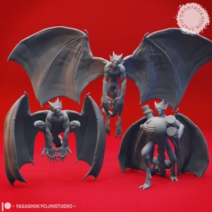 Unpainted Imp resin miniature in Flying, Stealing, and Perched poses with large bat wings and barbed tail by Yasashii Kyojin Studio.