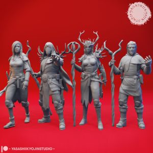 Mystical Druid miniature set by Yasashii Kyojin Studio featuring four nature spellcaster poses including Low Lvl Male, Low Lvl Female, High Lvl Male, and High Lvl Female